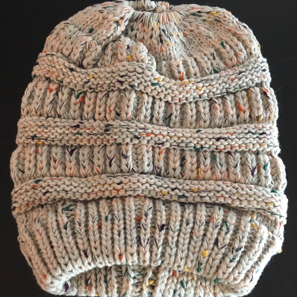 Messy Bun or Ponytail Khaki Confetti Beanie - Picture 3 of 3